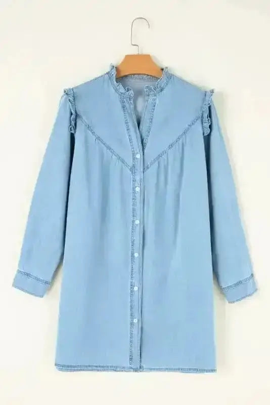 Washed Blue Denim Ruffle Shift Mini Dress Women UK | Casual
