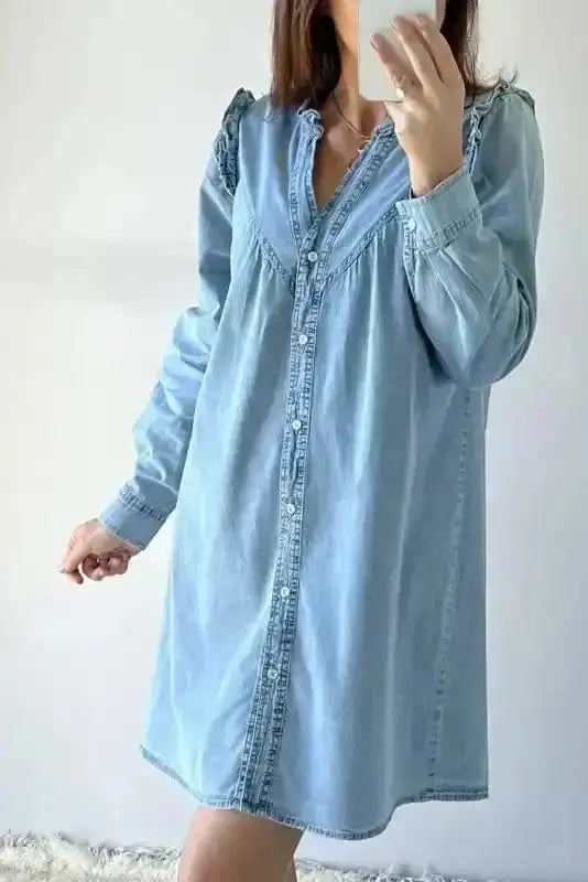 Washed Blue Denim Ruffle Shift Mini Dress Women UK | Casual