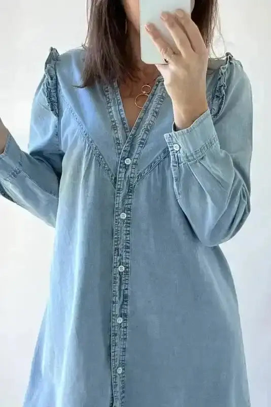 Washed Blue Denim Ruffle Shift Mini Dress Women UK | Casual