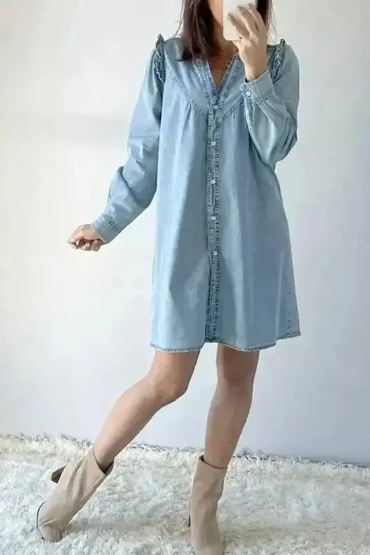 Washed Blue Denim Ruffle Shift Mini Dress Women UK | Casual