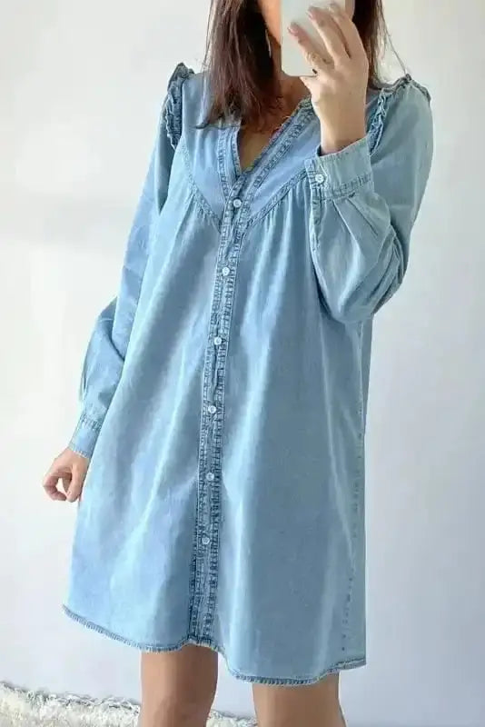 Washed Blue Denim Ruffle Shift Mini Dress Women UK | Casual