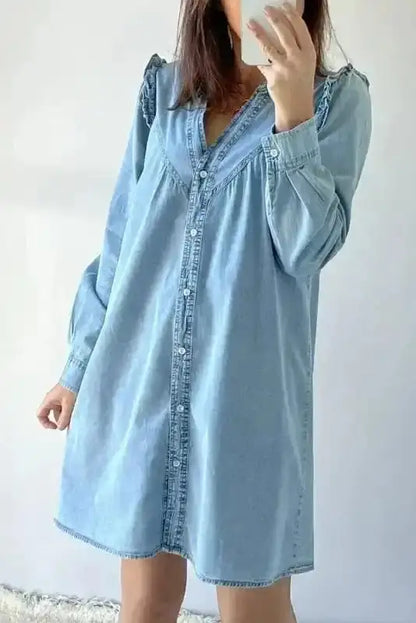 Washed Blue Denim Ruffle Shift Mini Dress Women UK | Casual