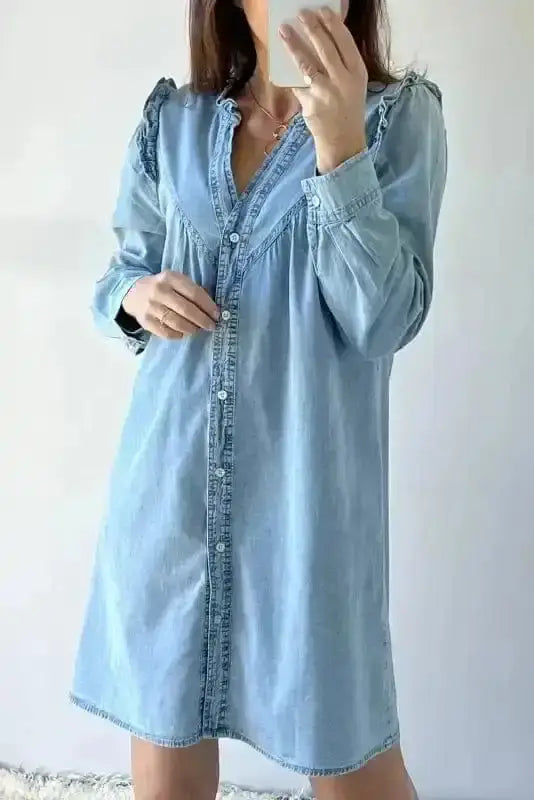 Washed Blue Denim Ruffle Shift Mini Dress Women UK | Casual