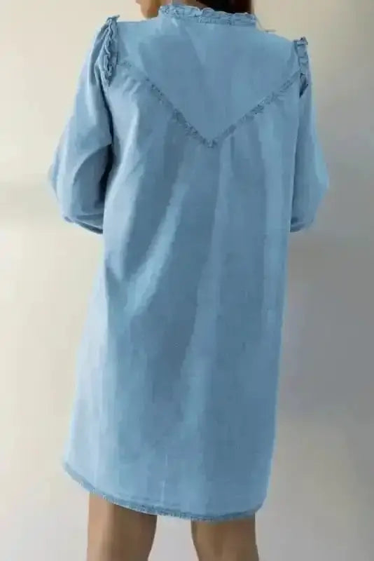 Washed Blue Denim Ruffle Shift Mini Dress Women UK | Casual