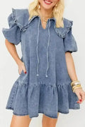 Dusk Blue Puff Sleeve Frill Denim Mini Dress Women UK