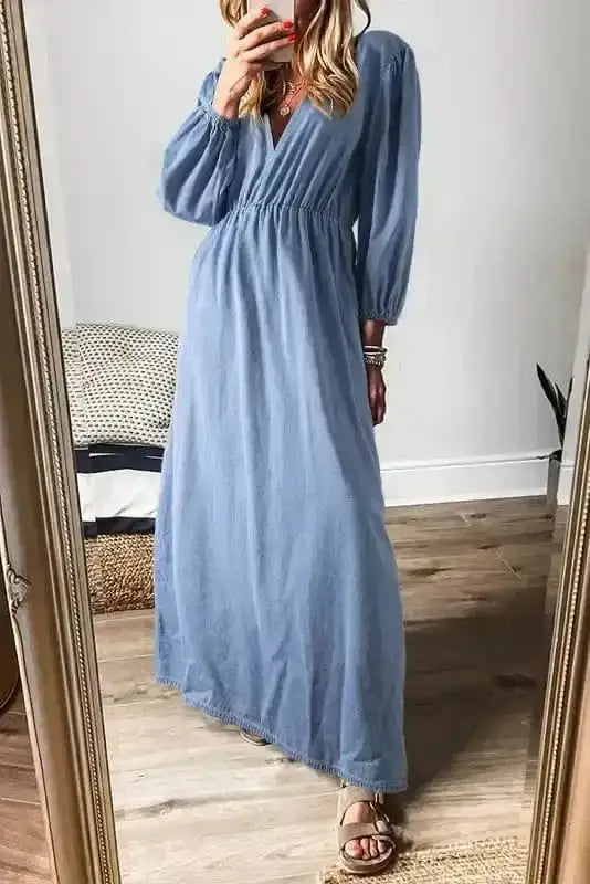 Blue Chambray V-Neck Cutout Maxi Dress Women UK