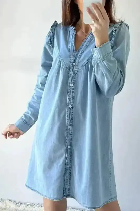 Washed Blue Denim Ruffle Shift Mini Dress Women UK | Casual