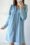 Washed Blue Denim Ruffle Shift Mini Dress Women UK | Casual