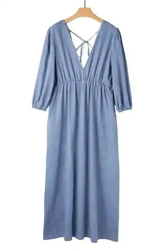 Blue Chambray V-Neck Cutout Maxi Dress Women UK