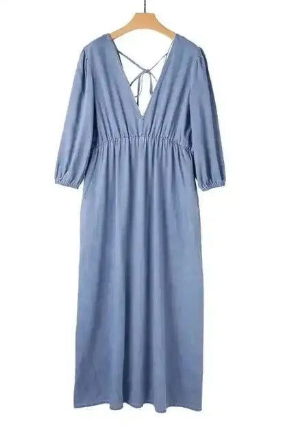 Blue Chambray V-Neck Cutout Maxi Dress Women UK | Beach