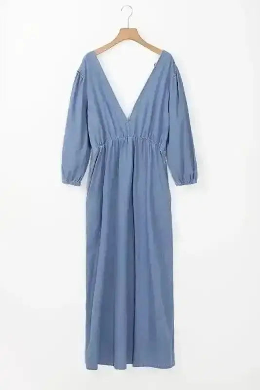 Blue Chambray V-Neck Cutout Maxi Dress Women UK