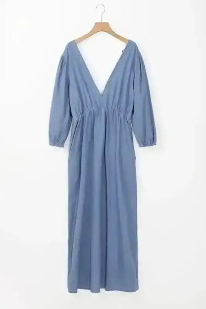 Blue Chambray V-Neck Cutout Maxi Dress Women UK | Beach