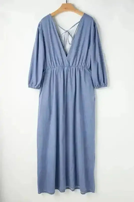 Blue Chambray V-Neck Cutout Maxi Dress Women UK