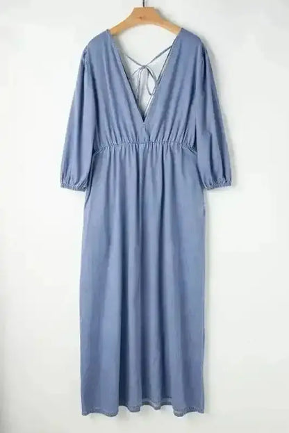 Blue Chambray V-Neck Cutout Maxi Dress Women UK | Beach