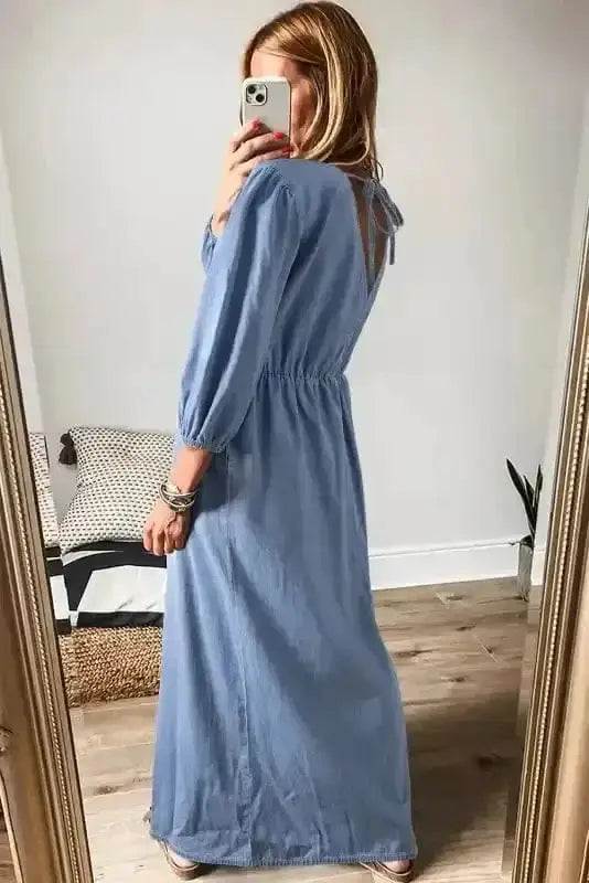 Blue Chambray V-Neck Cutout Maxi Dress Women UK