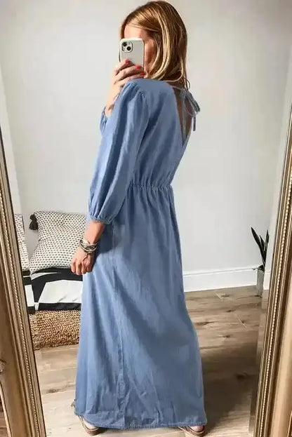 Blue Chambray V-Neck Cutout Maxi Dress Women UK | Beach
