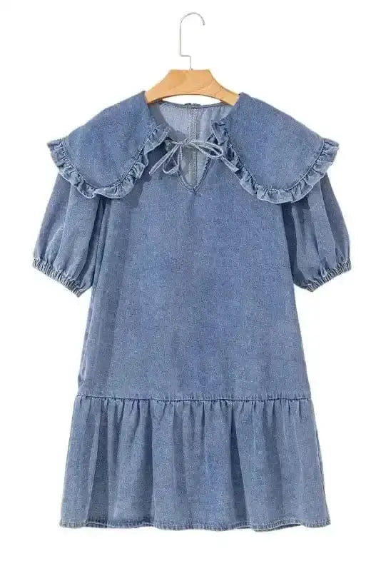 Dusk Blue Puff Sleeve Frill Denim Mini Dress Women UK