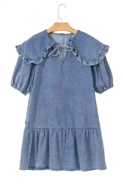 Dusk Blue Puff Sleeve Frill Denim Mini Dress Women UK