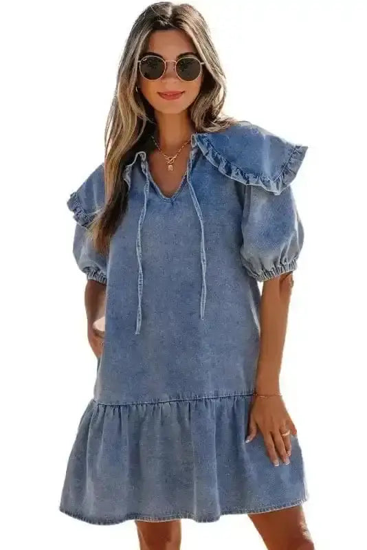 Dusk Blue Puff Sleeve Frill Denim Mini Dress Women UK