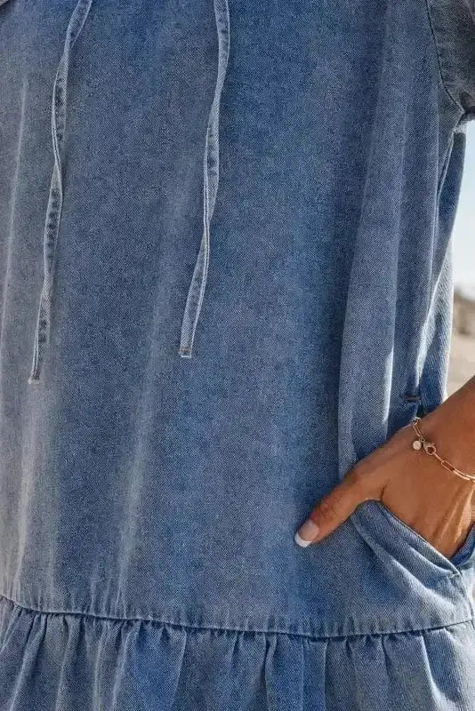 Dusk Blue Puff Sleeve Frill Denim Mini Dress Women UK
