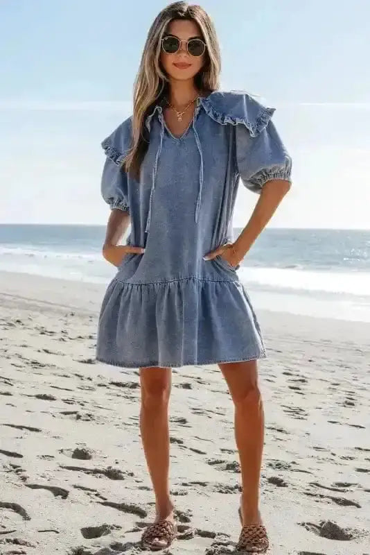 Dusk Blue Puff Sleeve Frill Denim Mini Dress Women UK