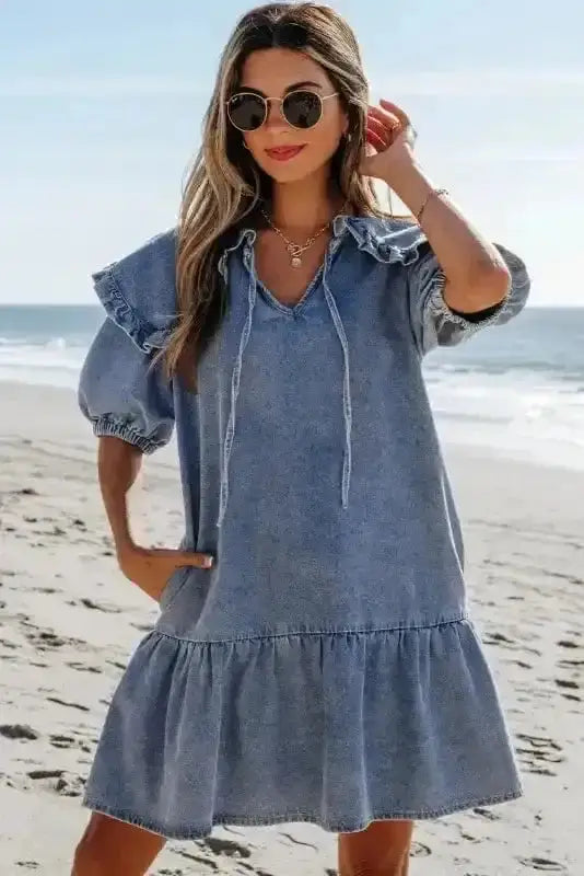 Dusk Blue Puff Sleeve Frill Denim Mini Dress Women UK