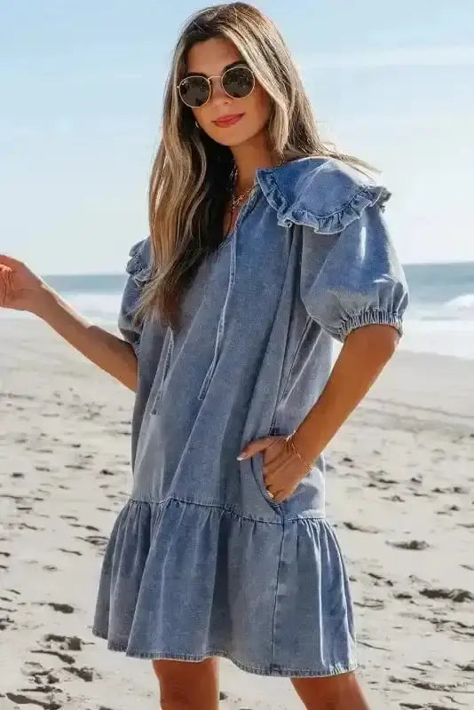 Dusk Blue Puff Sleeve Frill Denim Mini Dress Women UK