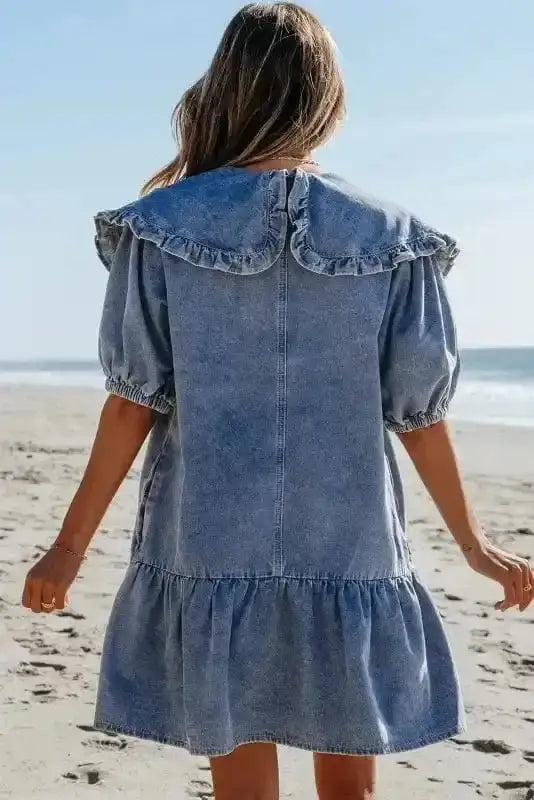 Dusk Blue Puff Sleeve Frill Denim Mini Dress Women UK