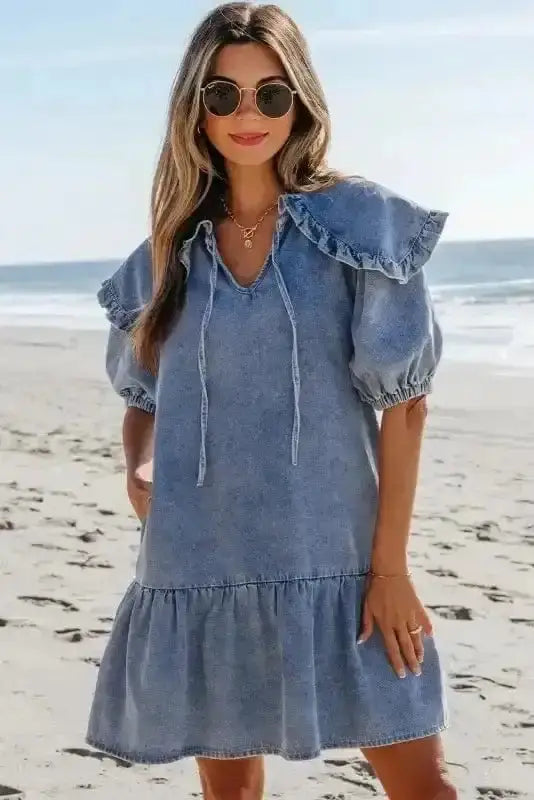 Dusk Blue Puff Sleeve Frill Denim Mini Dress Women UK
