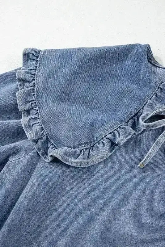 Dusk Blue Puff Sleeve Frill Denim Mini Dress Women UK