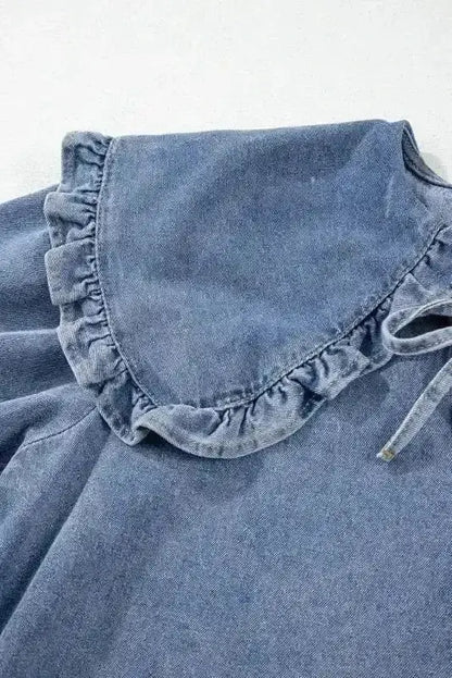 Dusk Blue Puff Sleeve Frill Denim Mini Dress Women UK