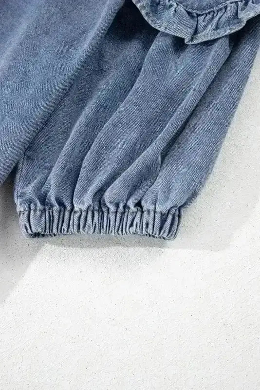 Dusk Blue Puff Sleeve Frill Denim Mini Dress Women UK