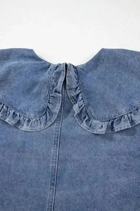 Dusk Blue Puff Sleeve Frill Denim Mini Dress Women UK