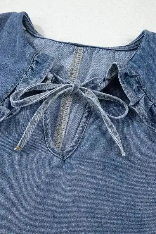 Dusk Blue Puff Sleeve Frill Denim Mini Dress Women UK