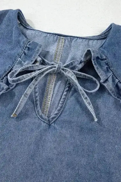 Dusk Blue Puff Sleeve Frill Denim Mini Dress Women UK