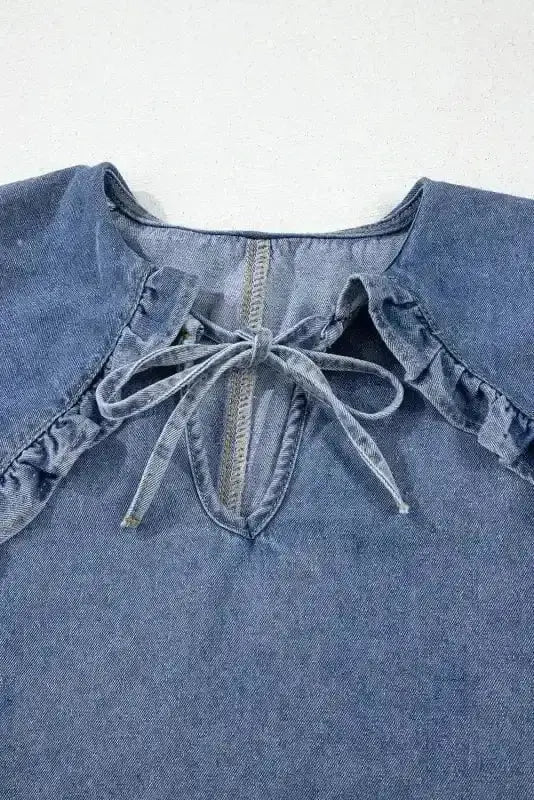 Dusk Blue Puff Sleeve Frill Denim Mini Dress Women UK