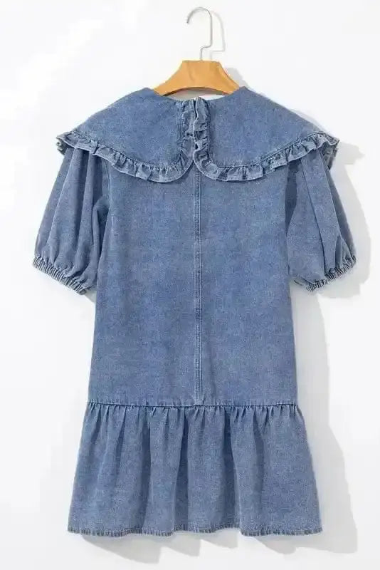 Dusk Blue Puff Sleeve Frill Denim Mini Dress Women UK