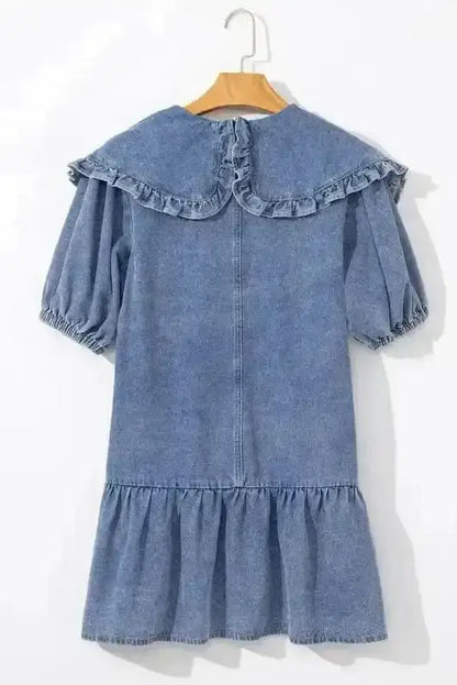 Dusk Blue Puff Sleeve Frill Denim Mini Dress Women UK