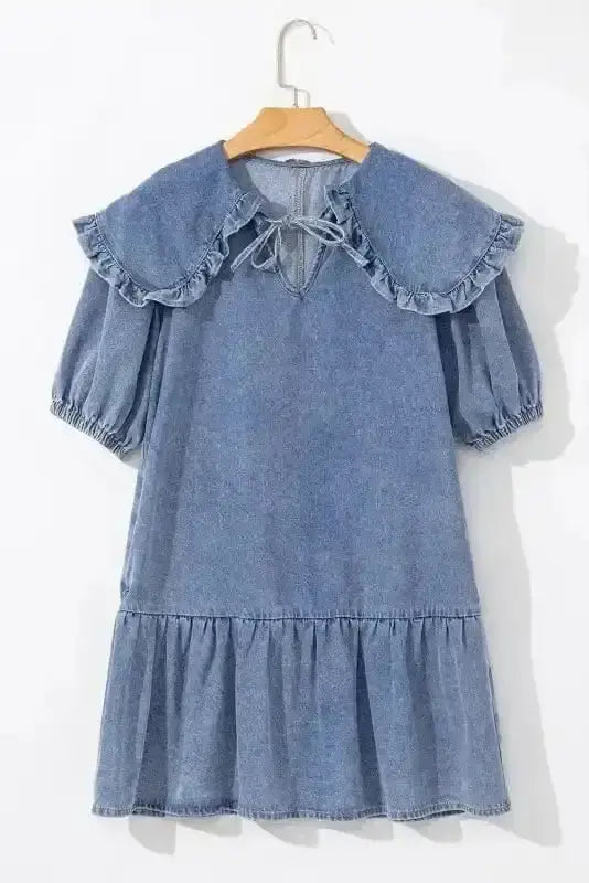 Dusk Blue Puff Sleeve Frill Denim Mini Dress Women UK