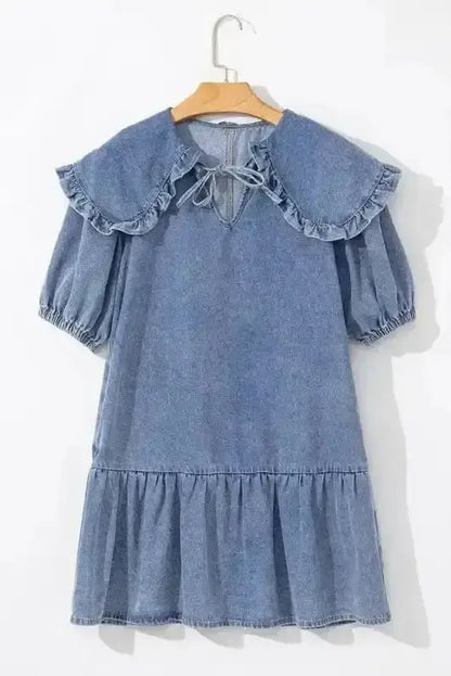 Dusk Blue Puff Sleeve Frill Denim Mini Dress Women UK