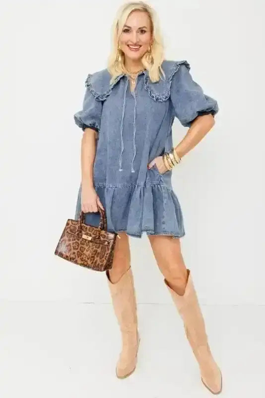 Dusk Blue Puff Sleeve Frill Denim Mini Dress Women UK