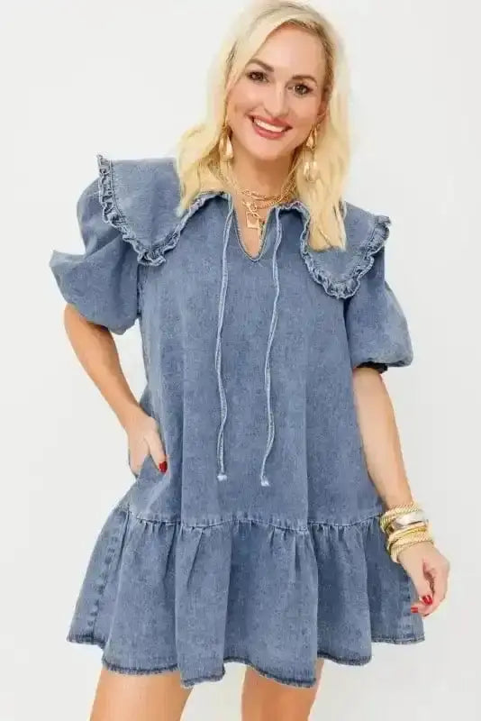 Dusk Blue Puff Sleeve Frill Denim Mini Dress Women UK