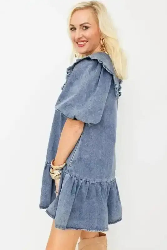 Dusk Blue Puff Sleeve Frill Denim Mini Dress Women UK