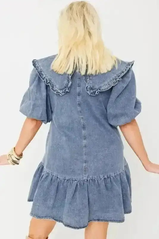 Dusk Blue Puff Sleeve Frill Denim Mini Dress Women UK