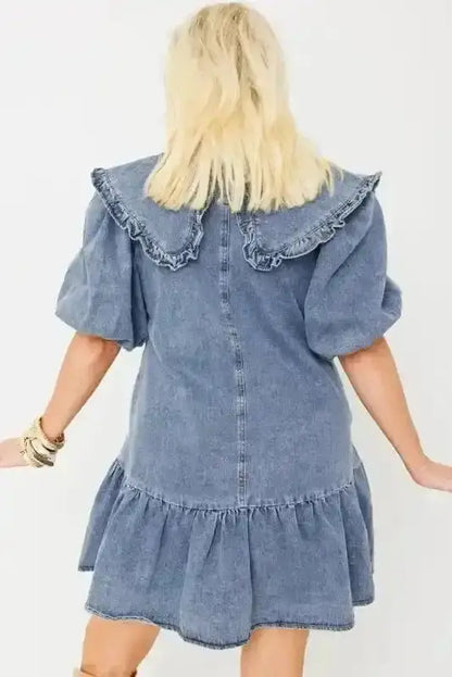 Dusk Blue Puff Sleeve Frill Denim Mini Dress Women UK