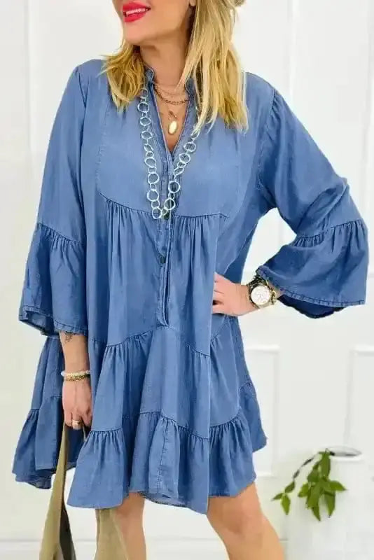 Sky Blue Denim Tiered Rick Rack Mini Dress Women UK | Chambray