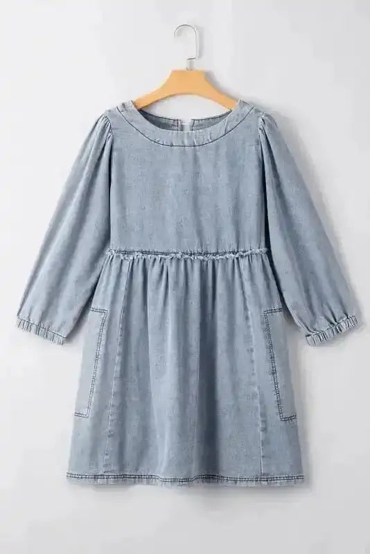 Blue Denim Puff Sleeve Mini Dress Women UK | Light Wash