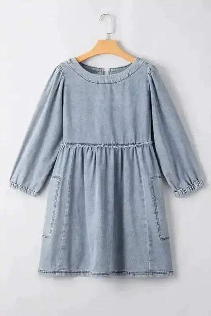 Blue Denim Puff Sleeve Mini Dress Women UK | Light Wash