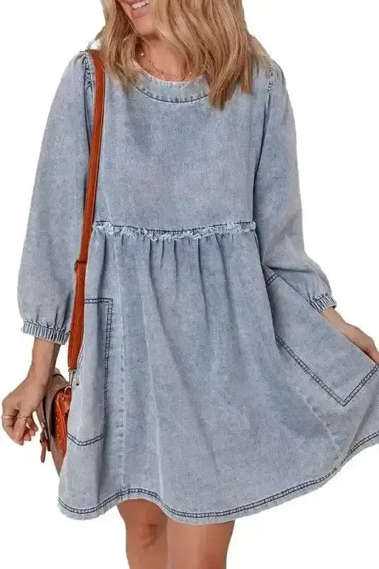 Blue Denim Puff Sleeve Mini Dress Women UK | Light Wash