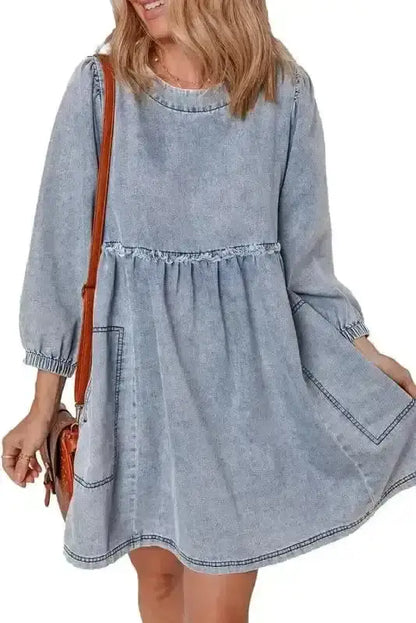 Blue Denim Puff Sleeve Mini Dress Women UK | Light Wash